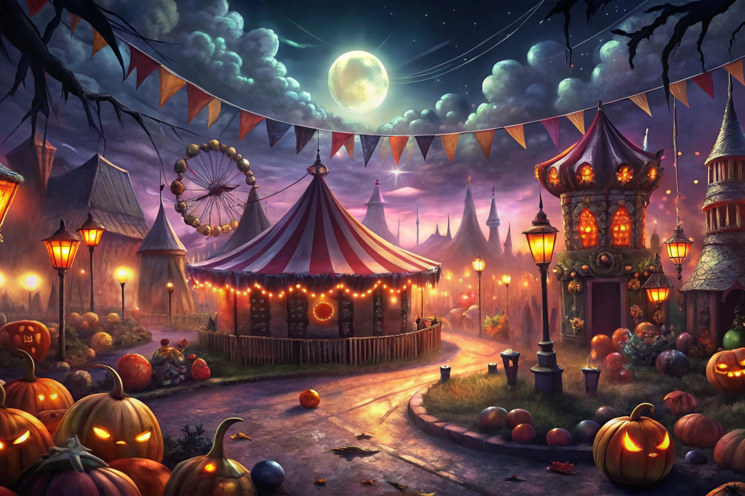 Halloween Spooky Backdrop Moonlit Pumpkin Carnival Village Outdoor Halloween Garage Door Banner CSH67-4