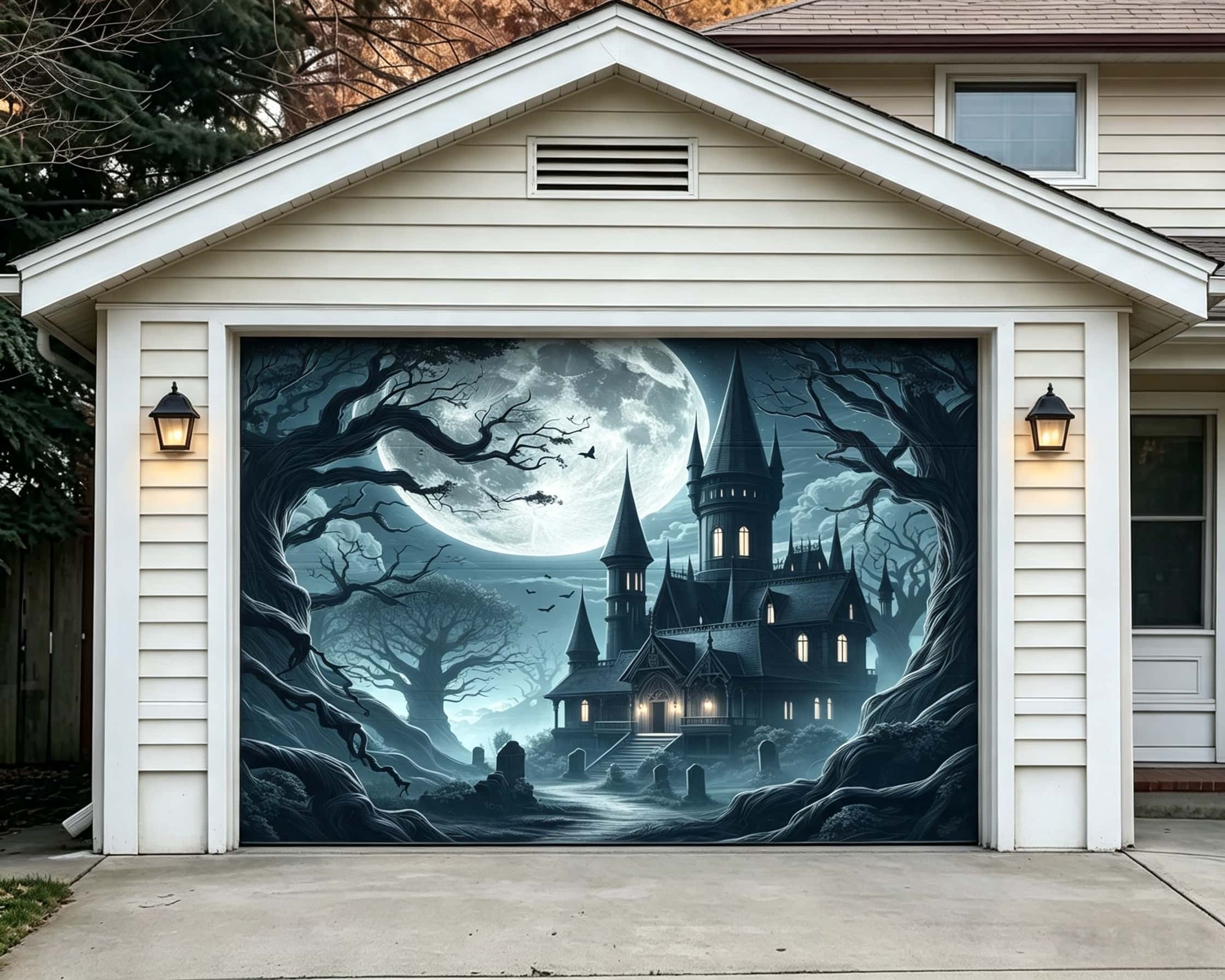Halloween Spooky Moonlit Pumpkin Gothic Castle Garage Door Cover CSH67-41-1 car