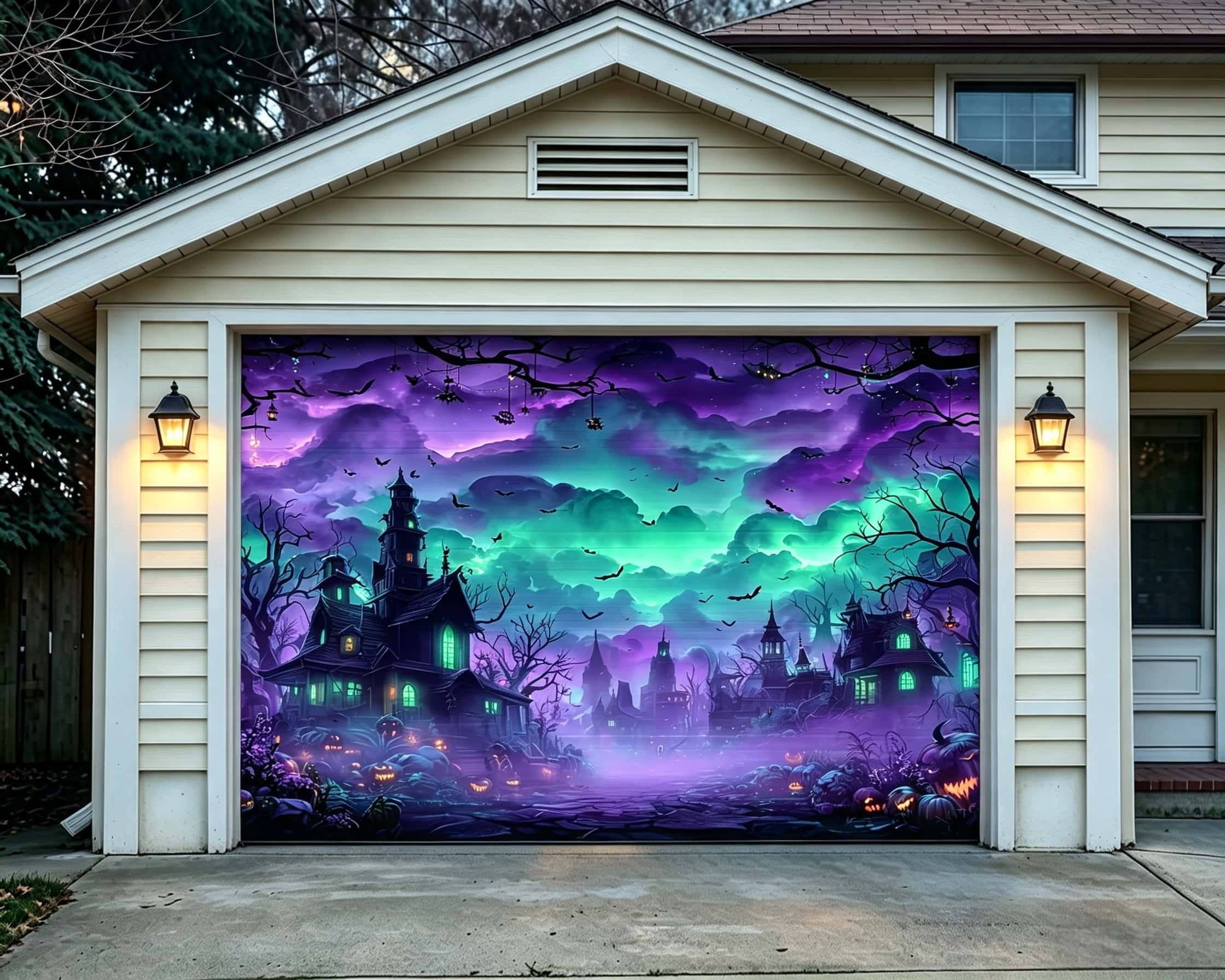 Halloween Neon Pumpkin Haunted Village Outdoor Garage Door Cover CSH67-49-1 car
