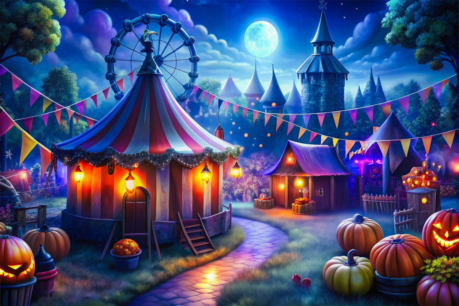 Halloween Circus Colorful Moonlit Pumpkin Carnival Outdoor Halloween Garage Door Banner CSH67-5