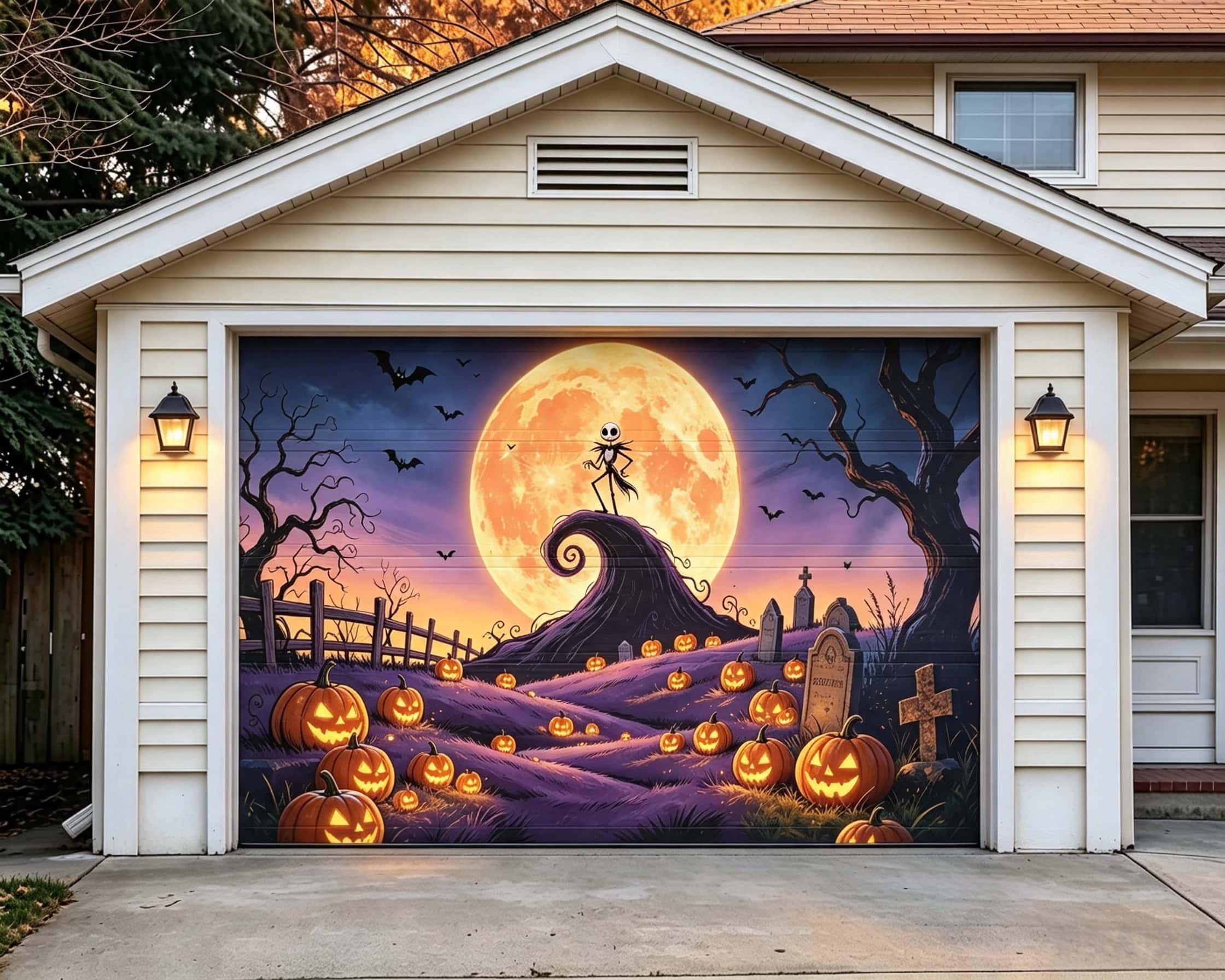 Graveyard Halloween Garage Door Cover Moonlit Skeleton Pumpkin Graveyard Halloween Garage Decorations CSH67-55-1 car