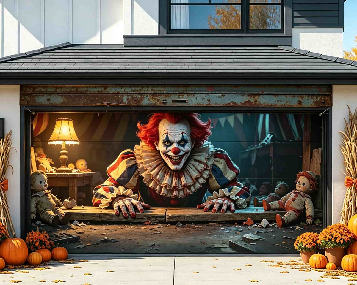 Creepy Halloween Garage Door Decor Creepy Clown Doll Workshop Halloween Garage Door Backdrop CSH67-61-2 car