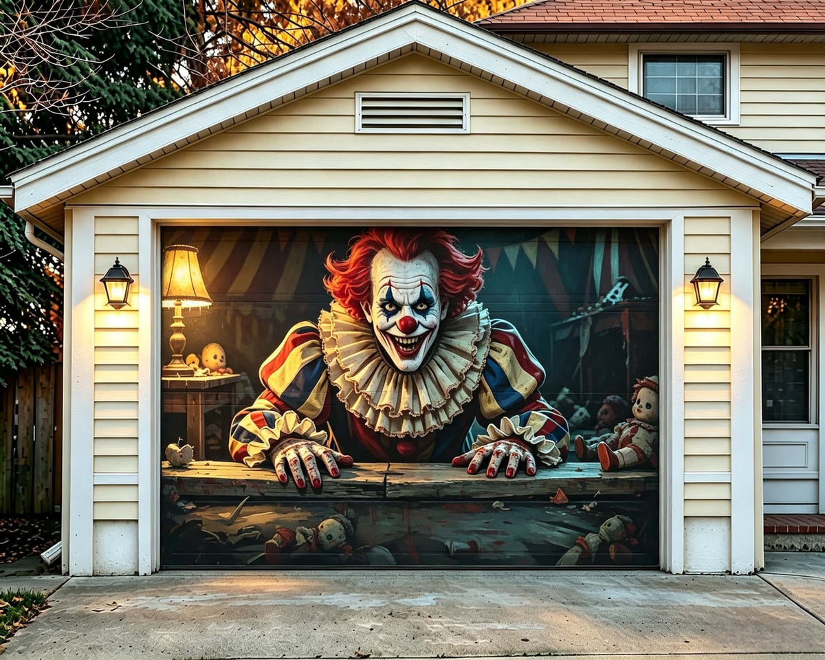 Creepy Halloween Garage Door Decor Creepy Clown Doll Workshop Halloween Garage Door Backdrop CSH67-61-1 car