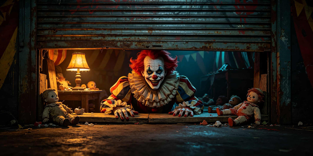Creepy Halloween Garage Door Decor Creepy Clown Doll Workshop Halloween Garage Door Backdrop CSH67-61-2 car