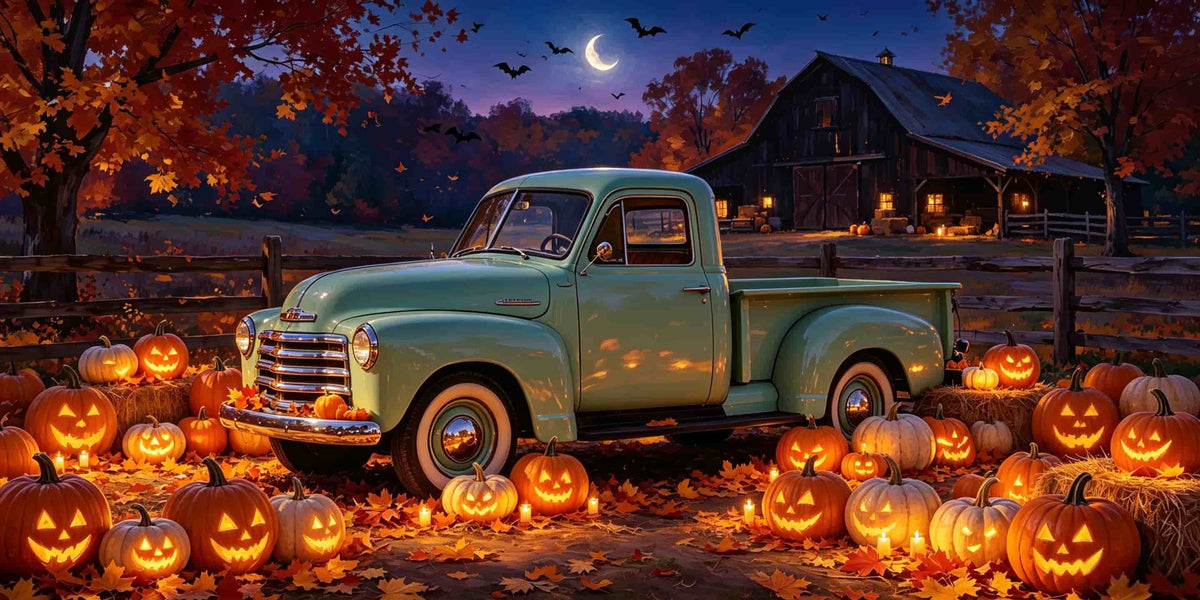 Moonlight Halloween Garage Door Banner Vintage Truck Pumpkin Farm Halloween Garage Door Decor CSH67-63-2 car