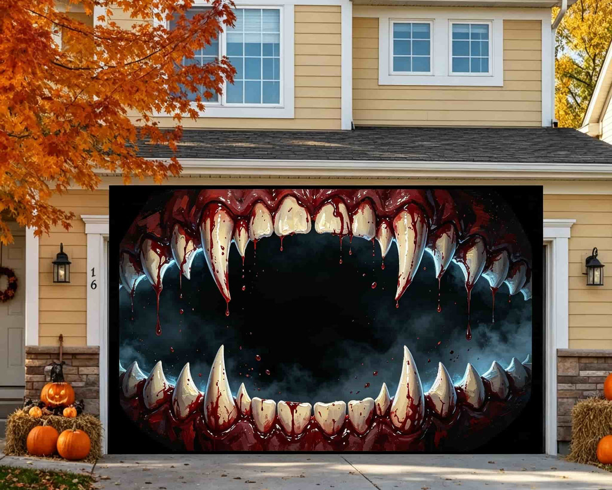Scary Halloween Garage Door Banner Bloody Vampire Fangs Mouth Halloween Garage Door Cover CSH67-65-2 car