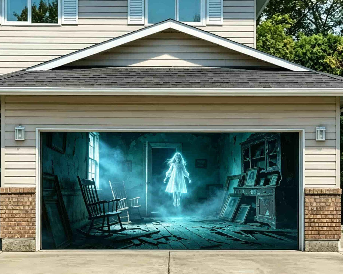 Creepy Halloween Garage Door Decor Glowing Ghost Abandoned Room Halloween Garage Decorations CSH67-67-2 car