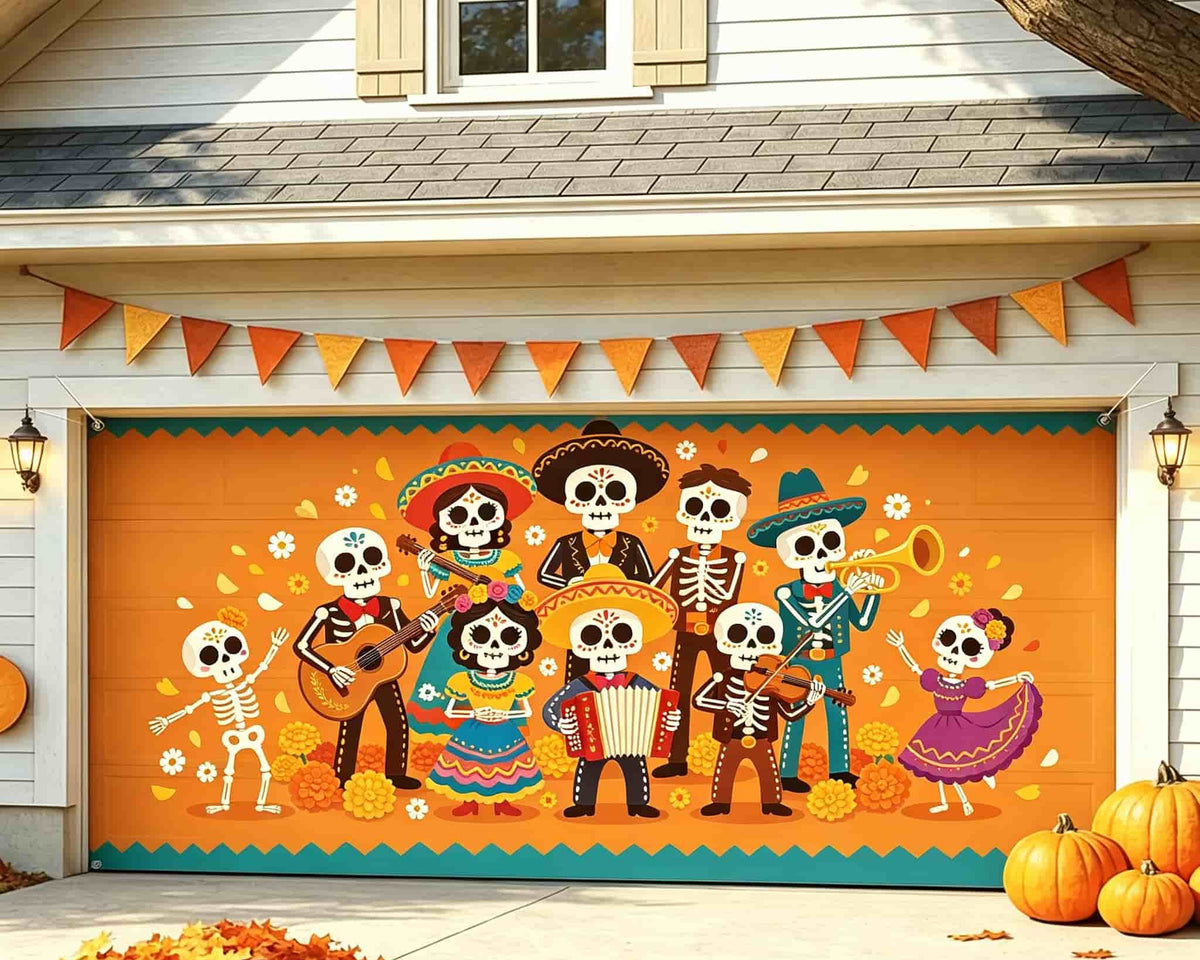 Cute Halloween Garage Door Decor Sugar Skull Mariachi Band Halloween Garage Door Mural CSH67-68-2 car