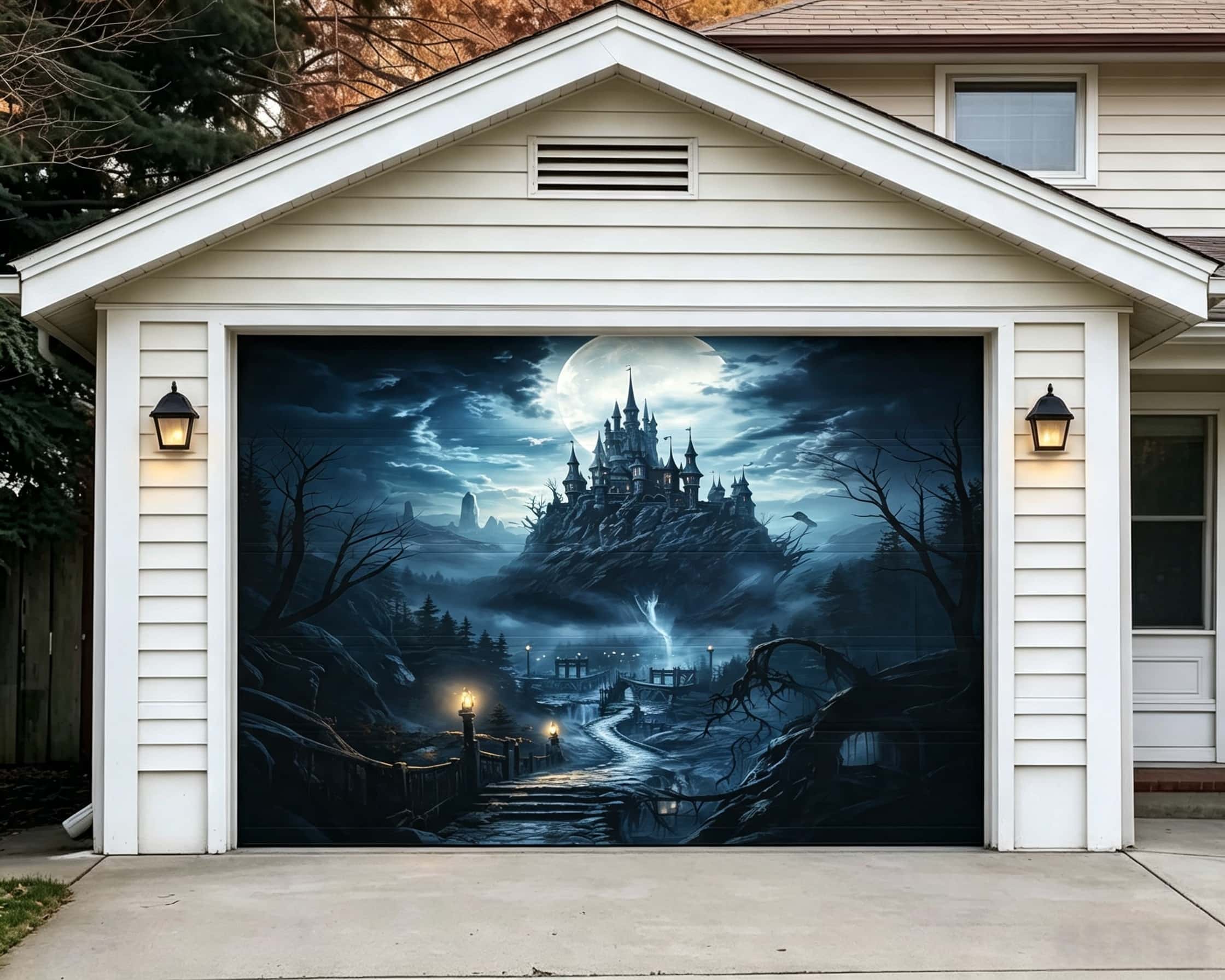 Backdrop Ideas For Halloween Moonlit Storm Castle Path Halloween Garage Door Decorations CSH67-7-1 car