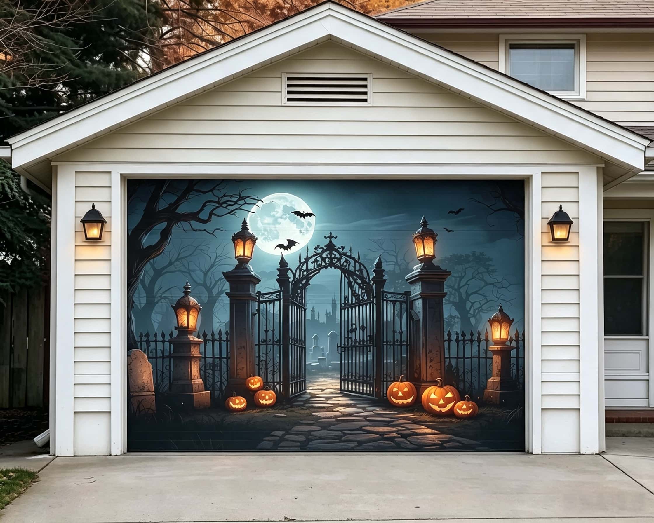 Halloween Backdrop Moonlit Pumpkin Cemetery Gateway Halloween Garage Door Decor CSH67-8-1 car