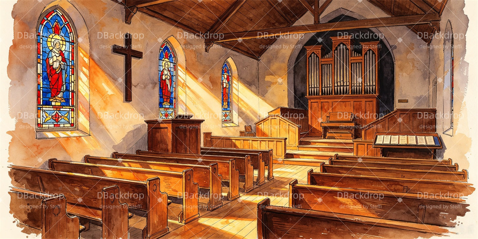 Church Stage Backdrops Sunlit Church Interior Theater Backdrops CSH67-T34