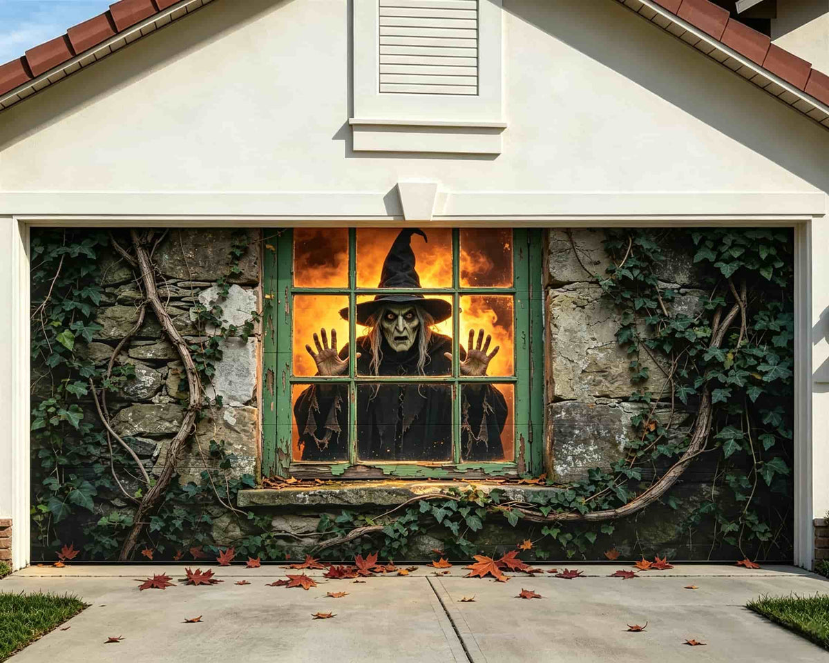Haunted House Garage Door Cover Creepy Witch Cottage Window Halloween Outdoor Garage Decorations CSH68-12-2 car