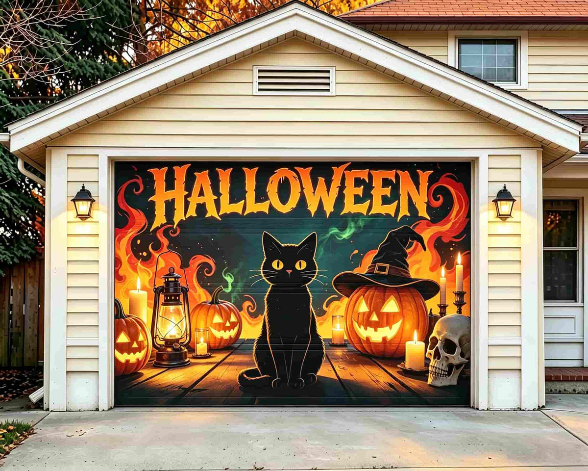 Black Cat Halloween Garage Door Cover Jack O Lanterns Flames Halloween Yard Garage Door Decor CSH68-14-1 car