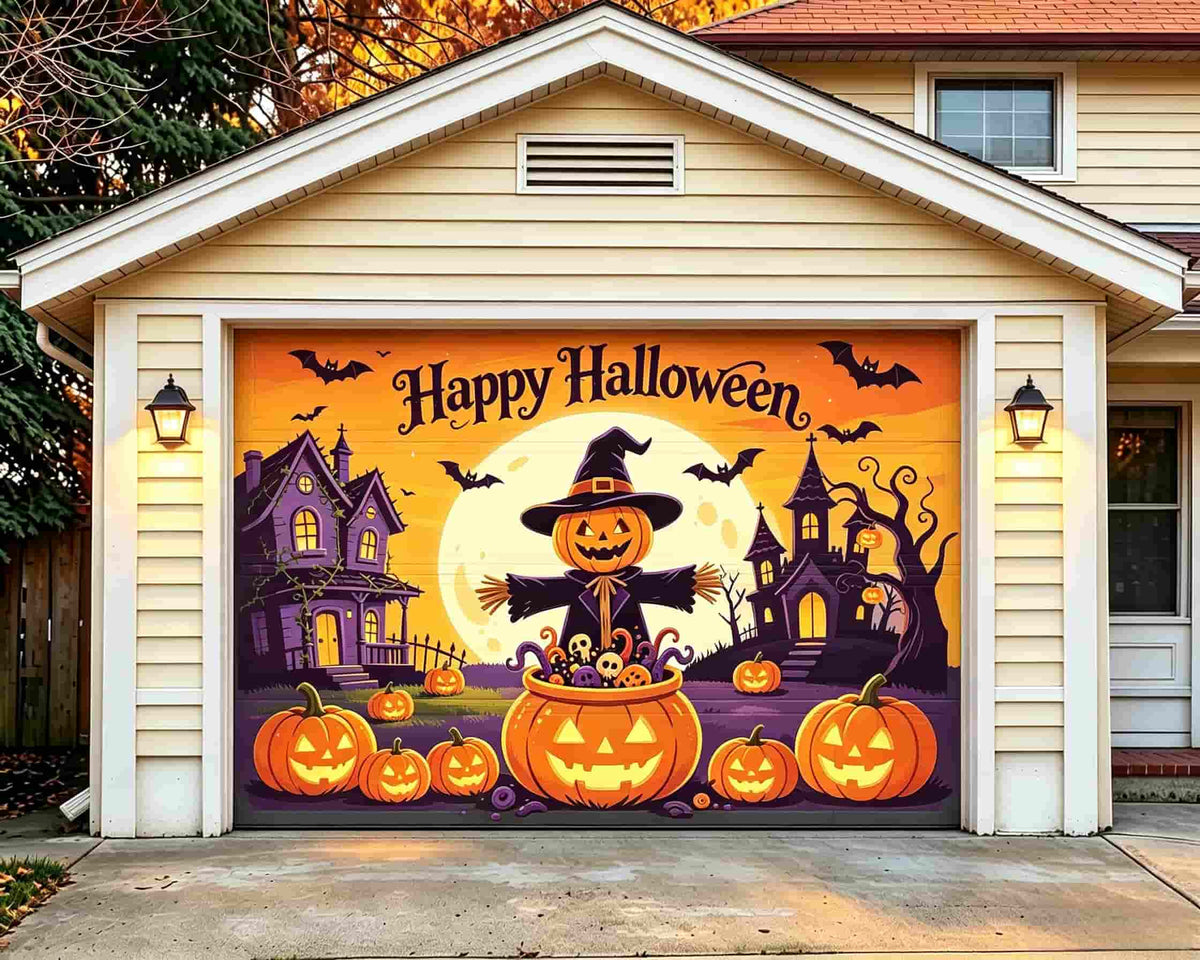 Funny Halloween Garage Door Cover Pumpkin Scarecrow Haunted Houses Halloween Garage Door Decorations CSH68-2-1 car