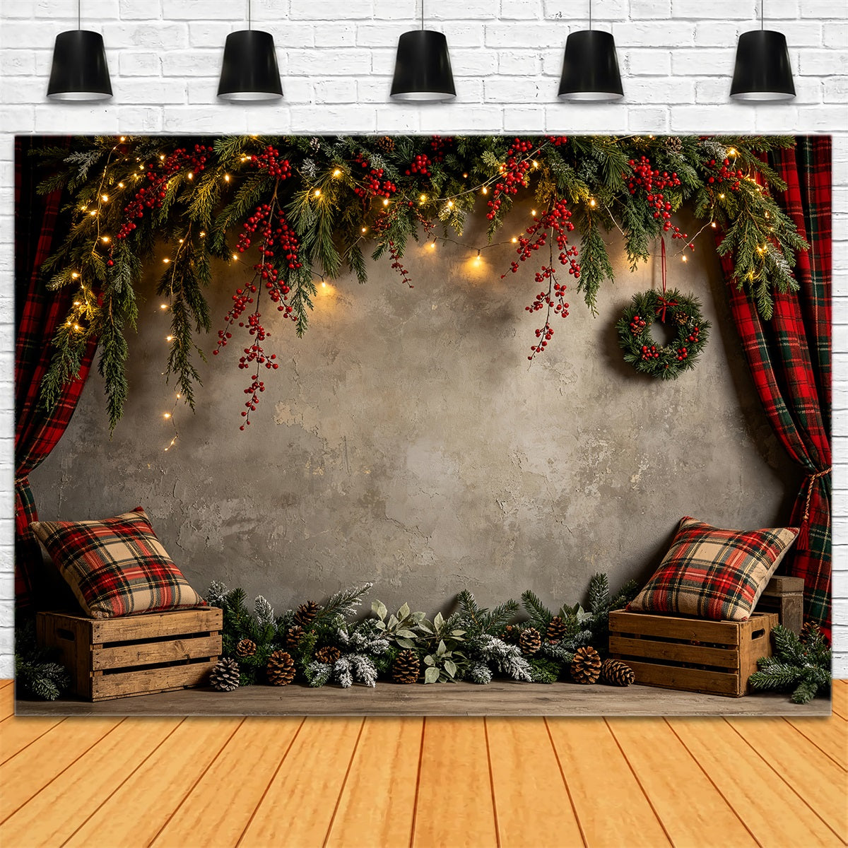 Christmas Wall Backdrop Rustic Plaid Garland Wall Photo Backdrop Christmas CSH68-60