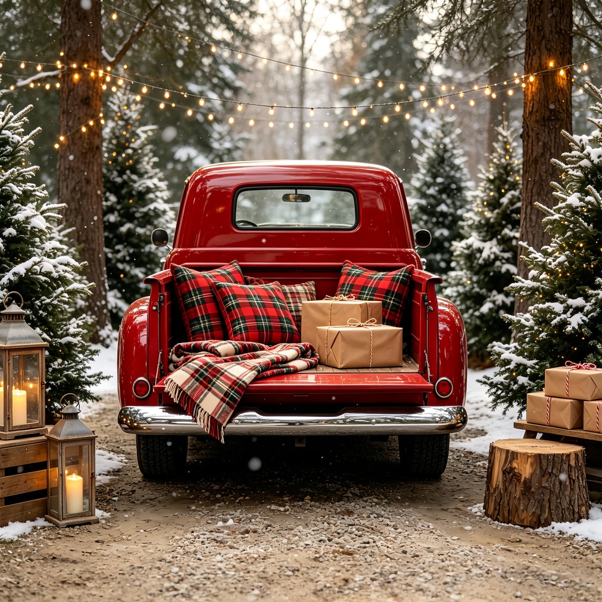 Christmas Truck Backdrop Red Plaid Truck Forest Large Christmas Backdrop CSH68-64