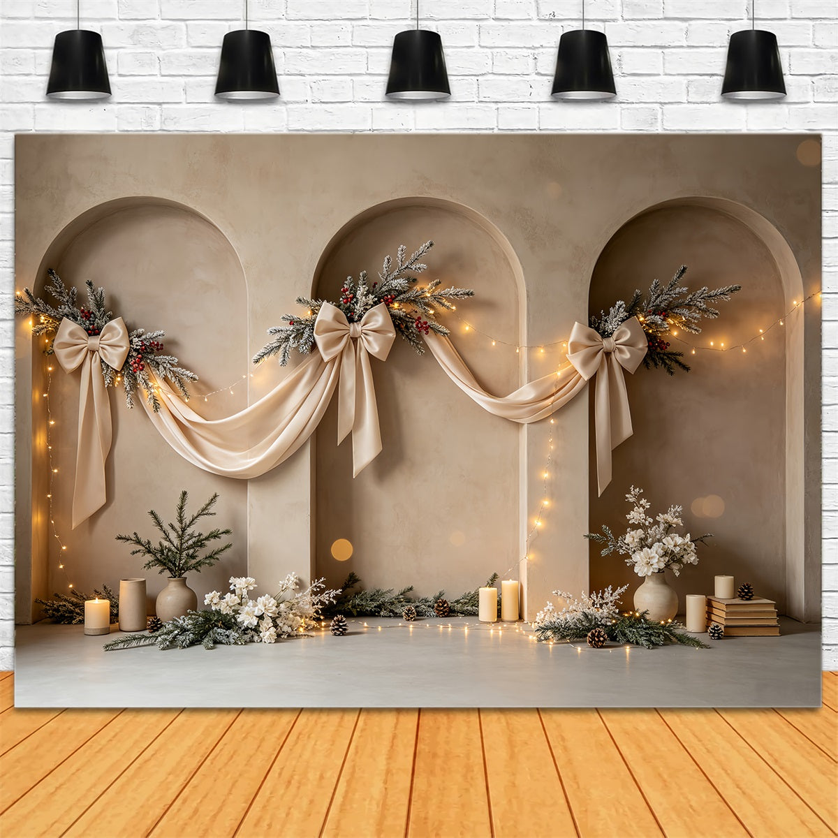 Boho Christmas Backdrop Elegant Arch Ribbon Decor Photo Christmas Backdrops CSH68-75