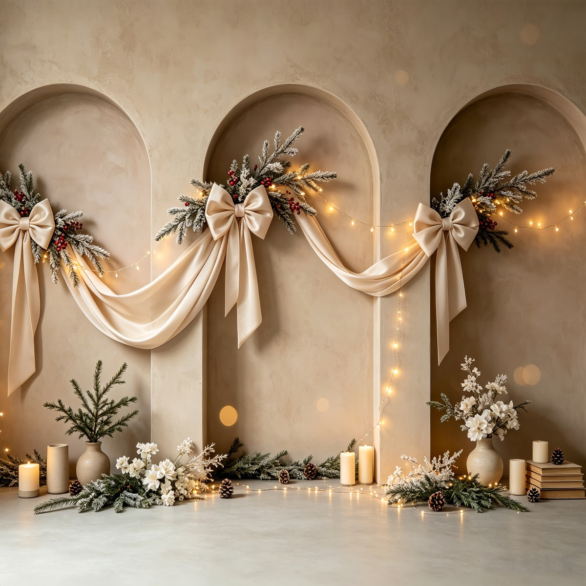Boho Christmas Backdrop Elegant Arch Ribbon Decor Photo Christmas Backdrops CSH68-75