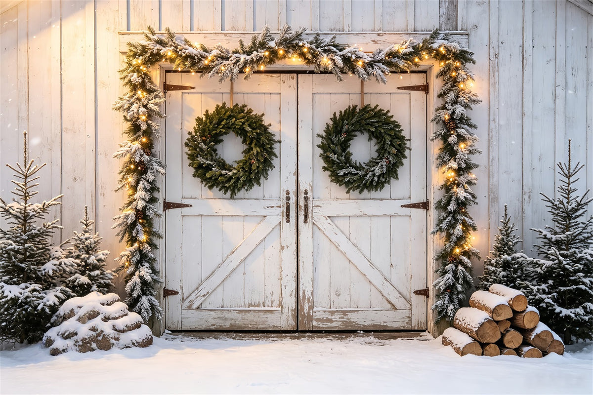 Barn Door Christmas Backdrop Snowy Barn Door Garland Wall Christmas Backdrop CSH68-79