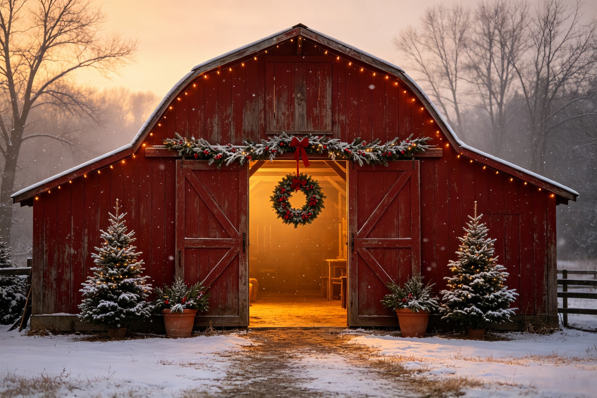 Christmas Farm Backdrop Snowy Red Barn Entrance Christmas Muslin Backdrop CSH69-17