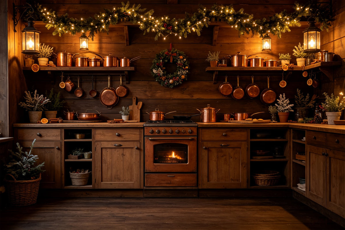 Christmas Kitchen Backdrop Rustic Copper Lights Hearth Wall Backdrop Christmas CSH69-21