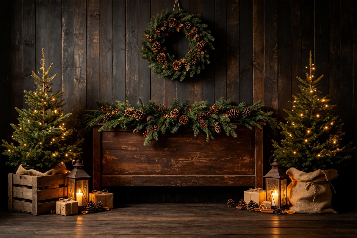 Wooden Christmas Backdrop Rustic Pine Lantern Display Backdrop Christmas CSH69-30