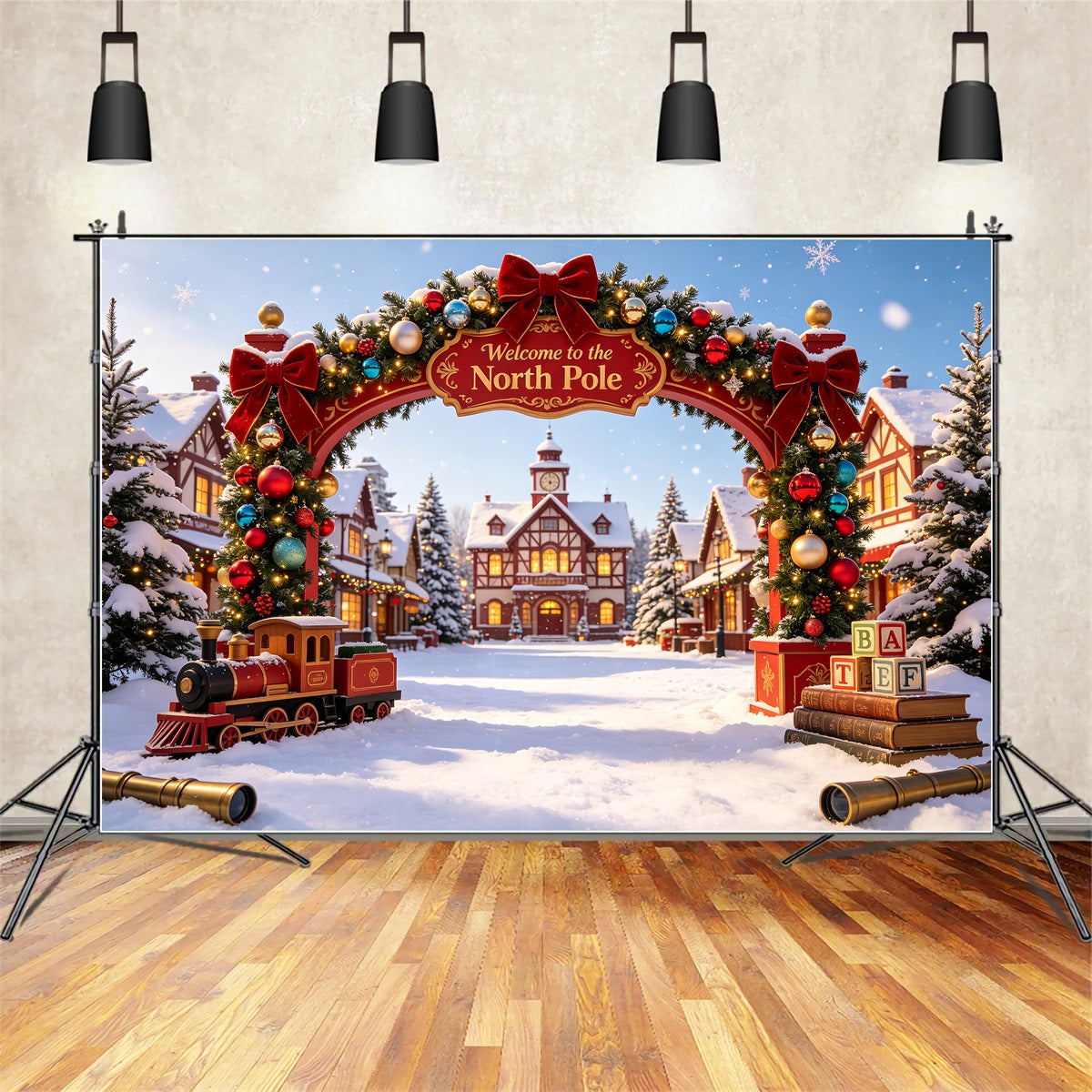 North Pole Christmas Backdrop Snowy Village Gateway Christmas Photography Backdrop CSH69-31