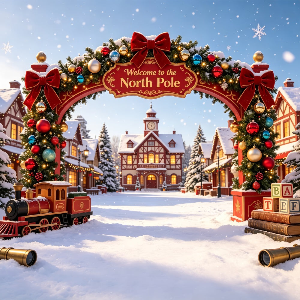 North Pole Christmas Backdrop Snowy Village Gateway Christmas Photography Backdrop CSH69-31