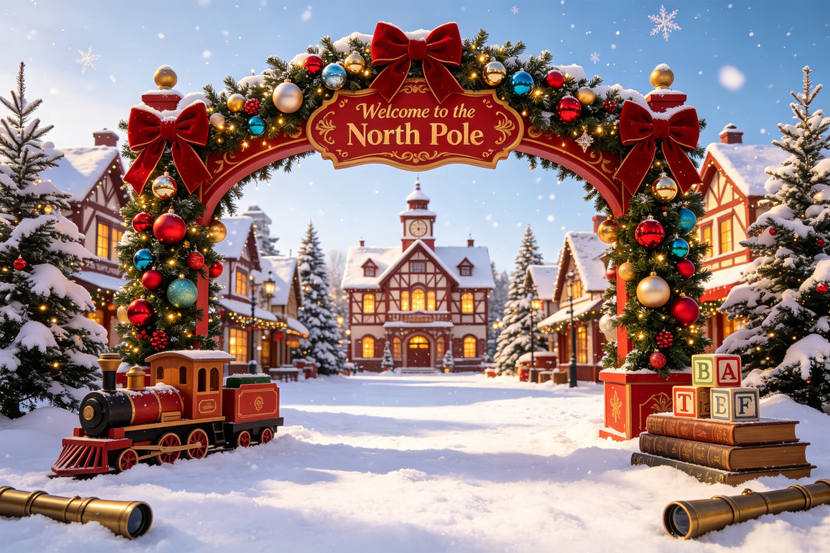 North Pole Christmas Backdrop Snowy Village Gateway Christmas Photography Backdrop CSH69-31