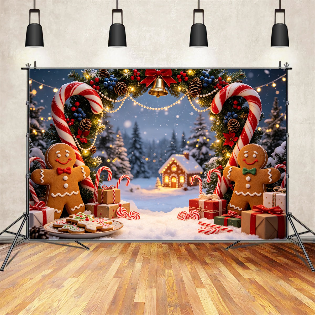 Gingerbread Christmas Backdrop Village Candy Cane Arch Christmas Studio Backdrop CSH69-44