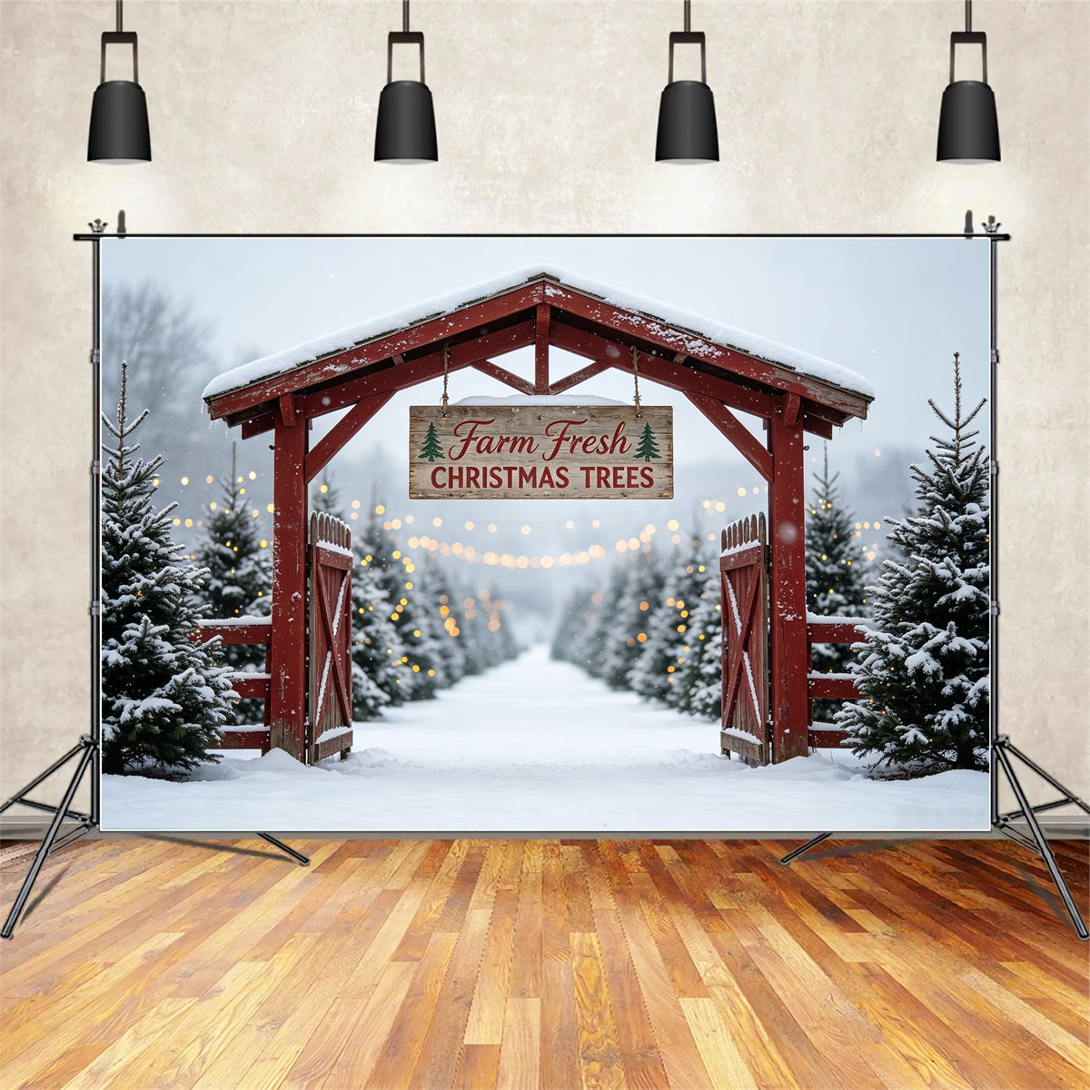 Christmas Tree Farm Backdrop Snowy Tree Farm Gate Photo Christmas Backdrop CSH69-48