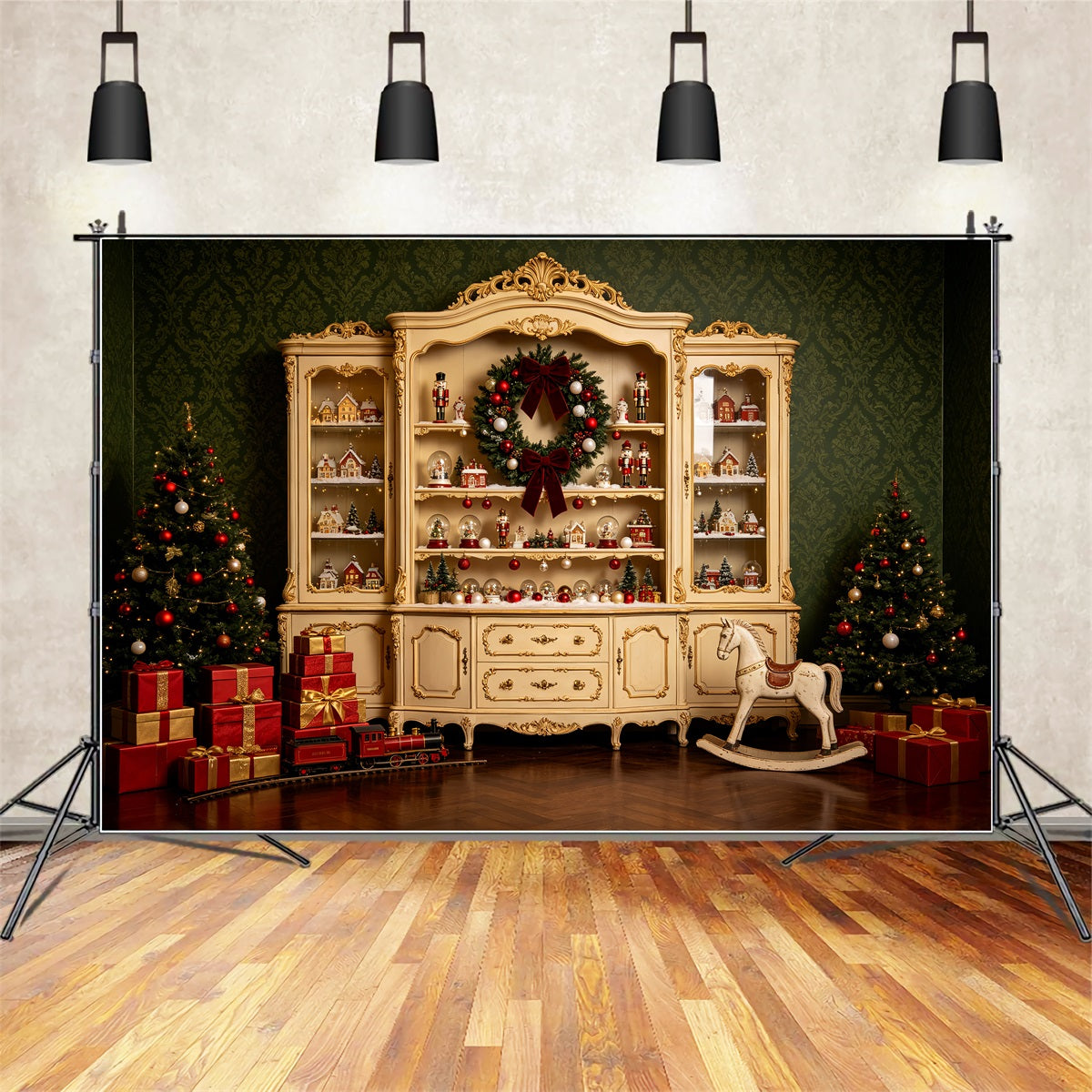 Rustic Christmas Backdrop Vintage Village Cabinet Display Wall Christmas Backdrop CSH69-53
