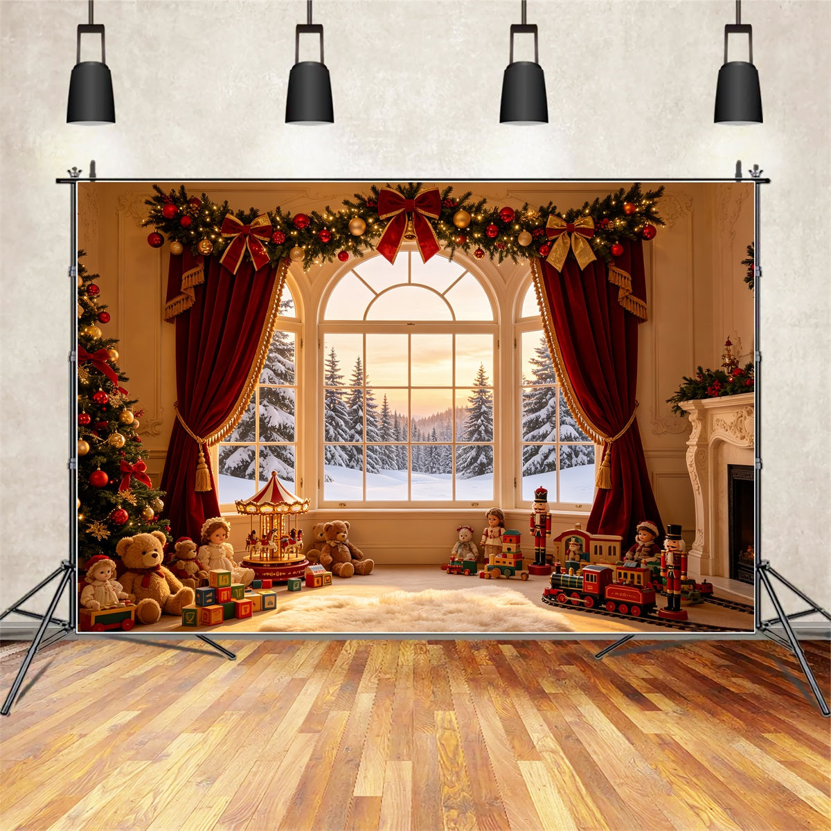Christmas Window Backdrop Vintage Toy Curtain Display Indoor Christmas Backdrop CSH69-9