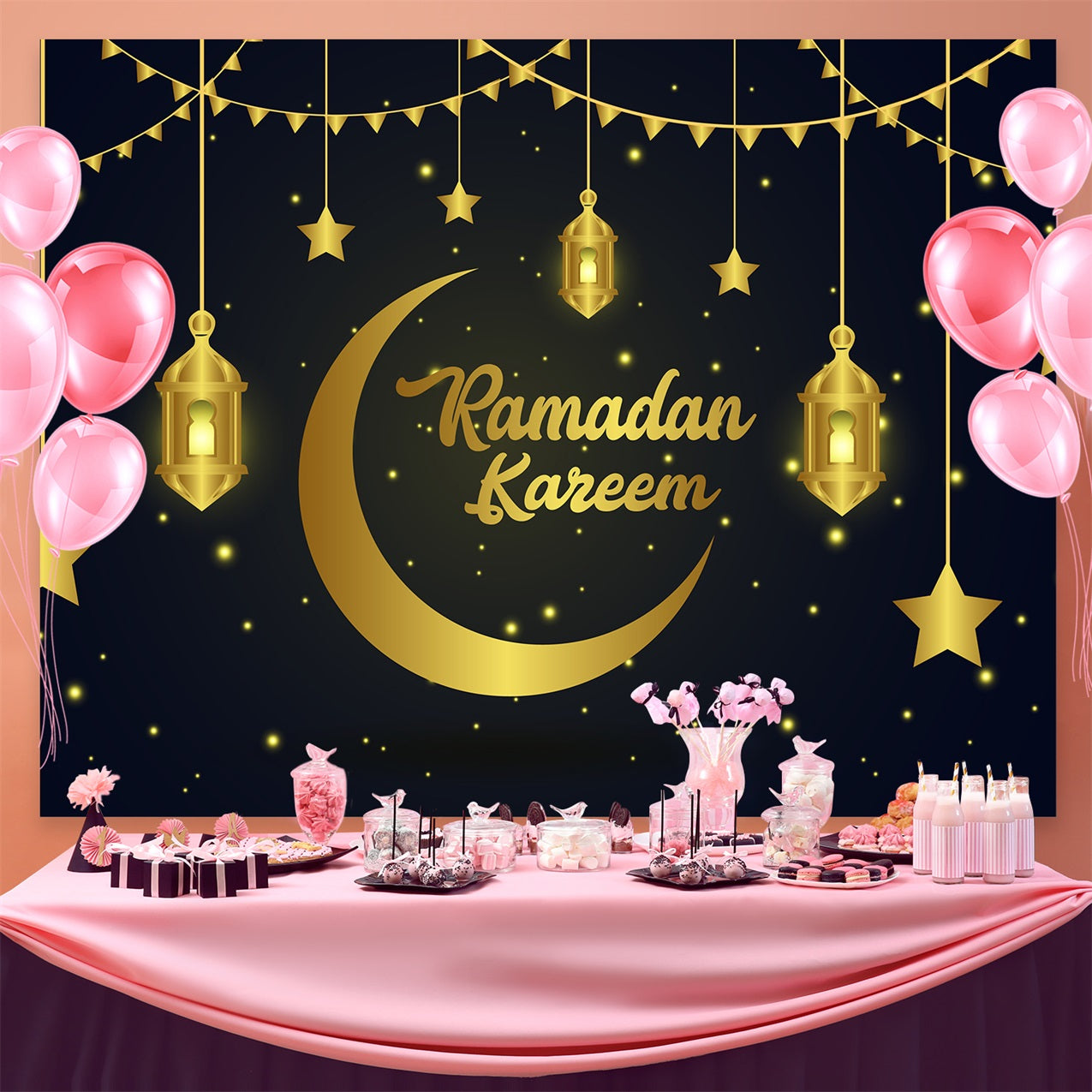 Ramadan Mubarak Backdrop Golden Stars Lanterns Backdrop GQ3-16
