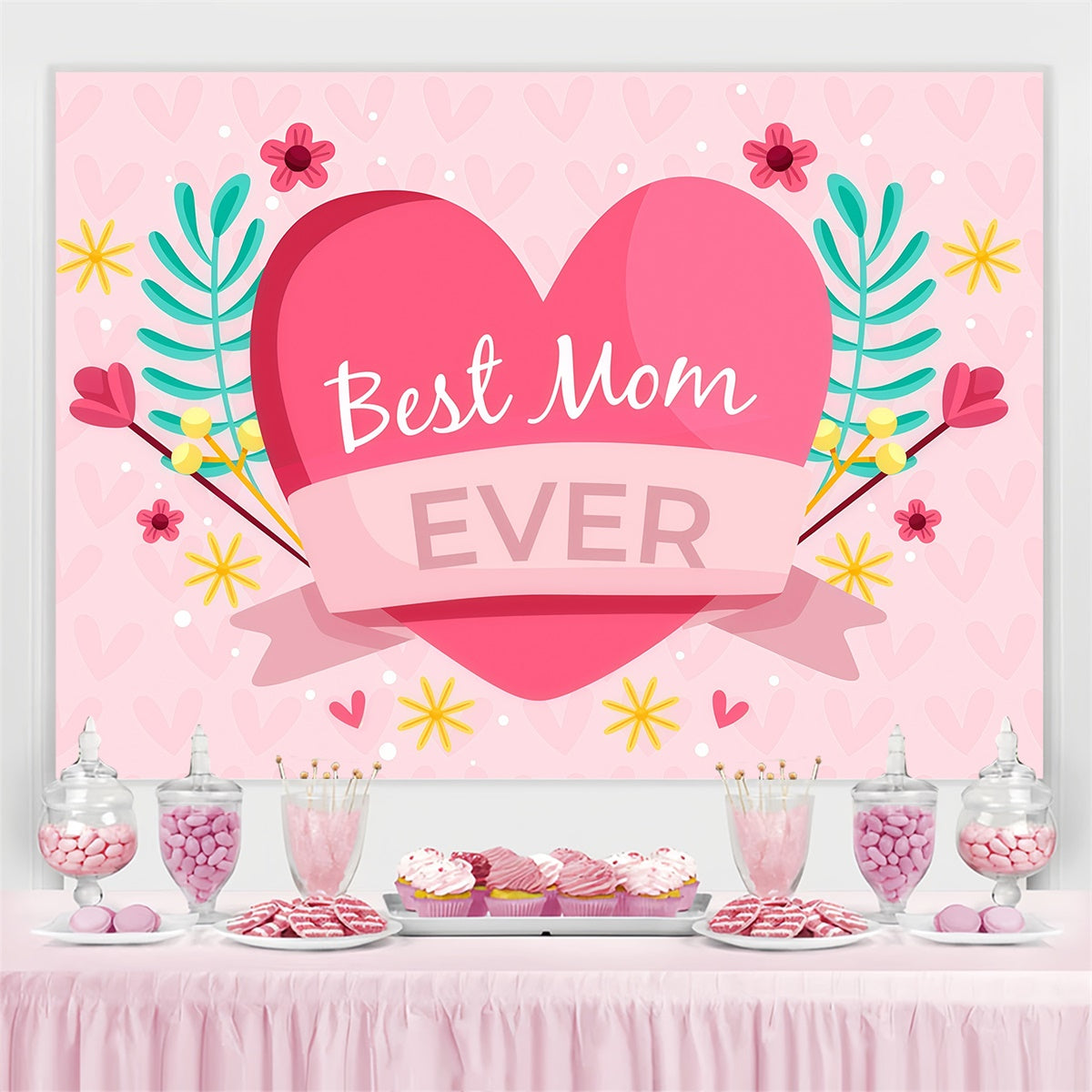 Mother's Day Backdrop Pink Heart Flowers Personalized Backdrop GQ3-165