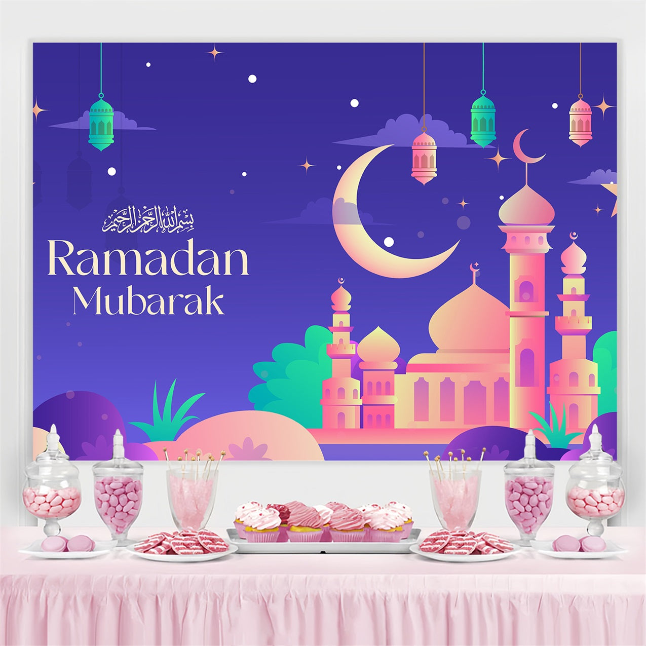 Ramadan Backdrops Colorful Twilight Mosque Celebration Backdrop GQ3-18