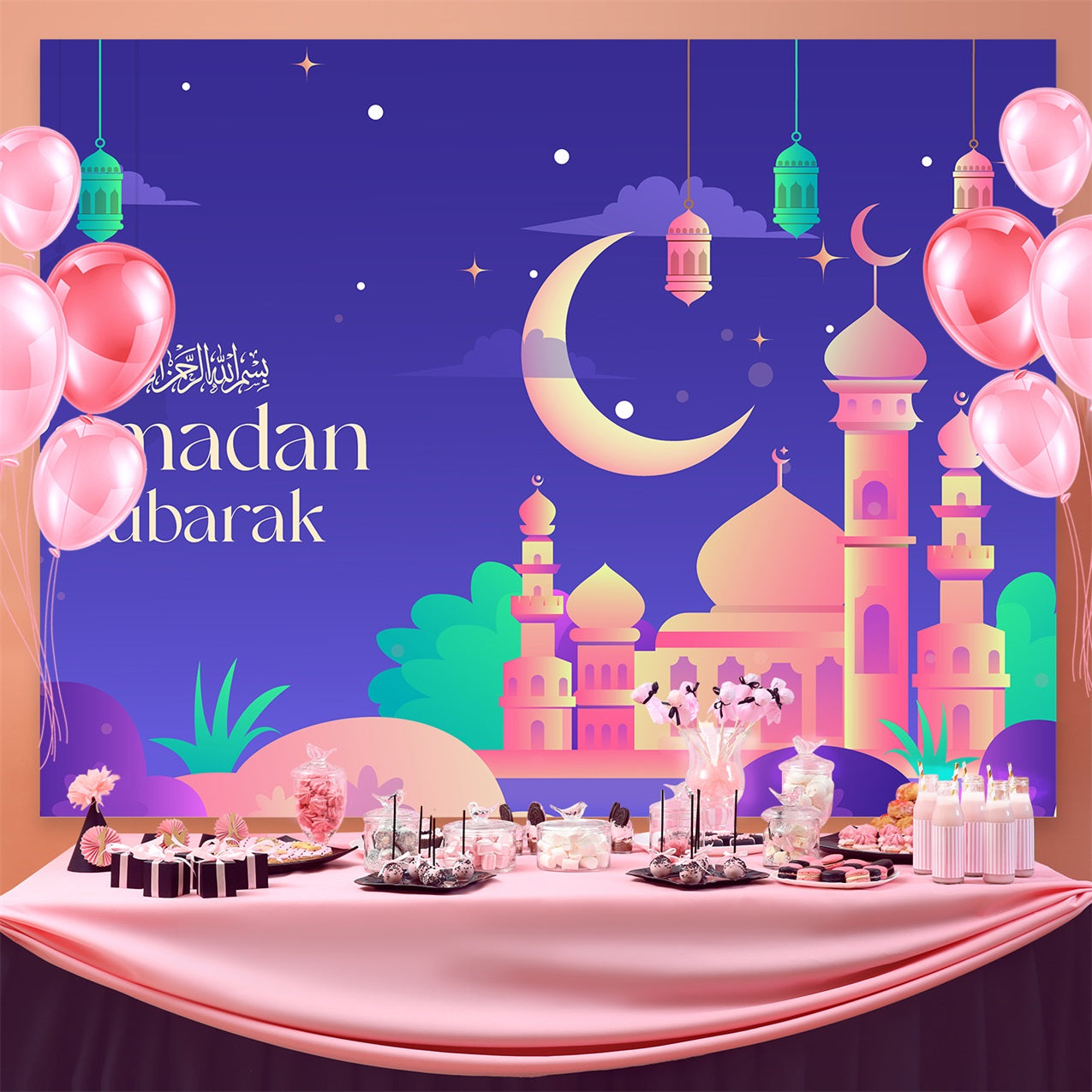 Ramadan Backdrops Colorful Twilight Mosque Celebration Backdrop GQ3-18