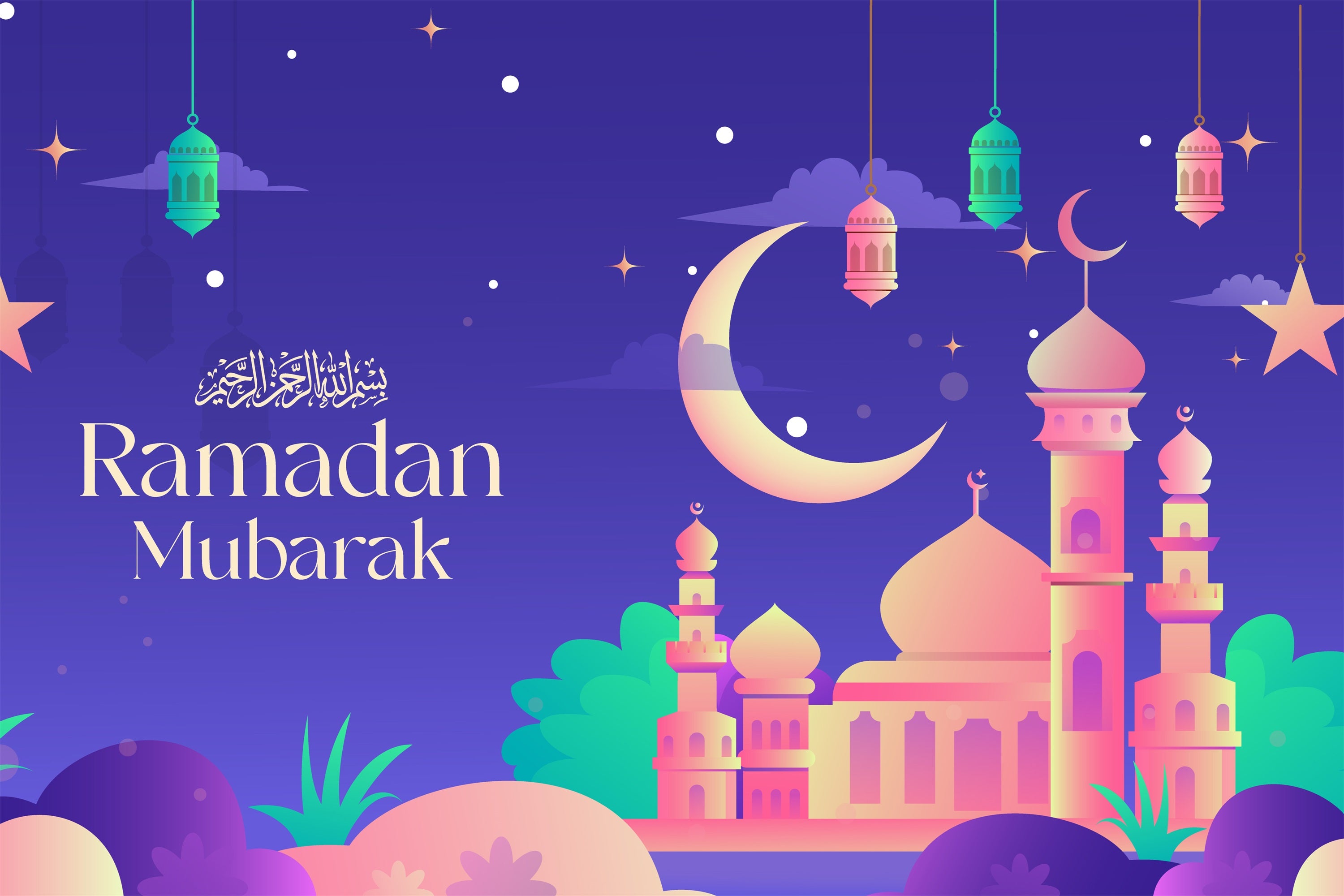 Ramadan Backdrops Colorful Twilight Mosque Celebration Backdrop GQ3-18