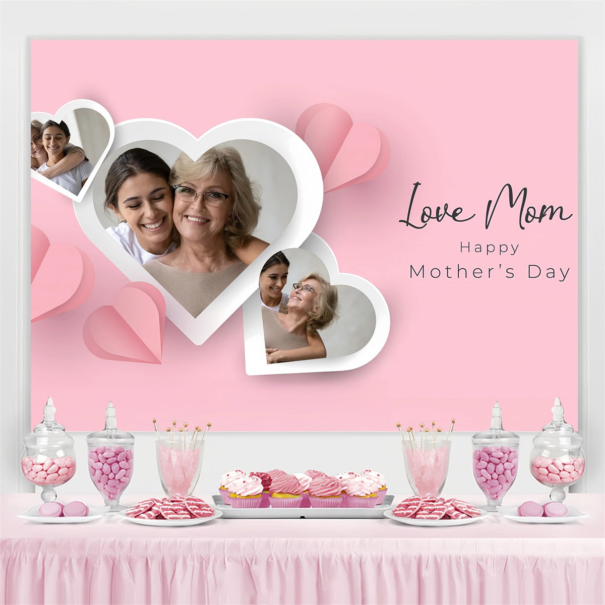 Backdrops For Mother's Day Heart Frame Pink Customized Backdrop GQ3-184
