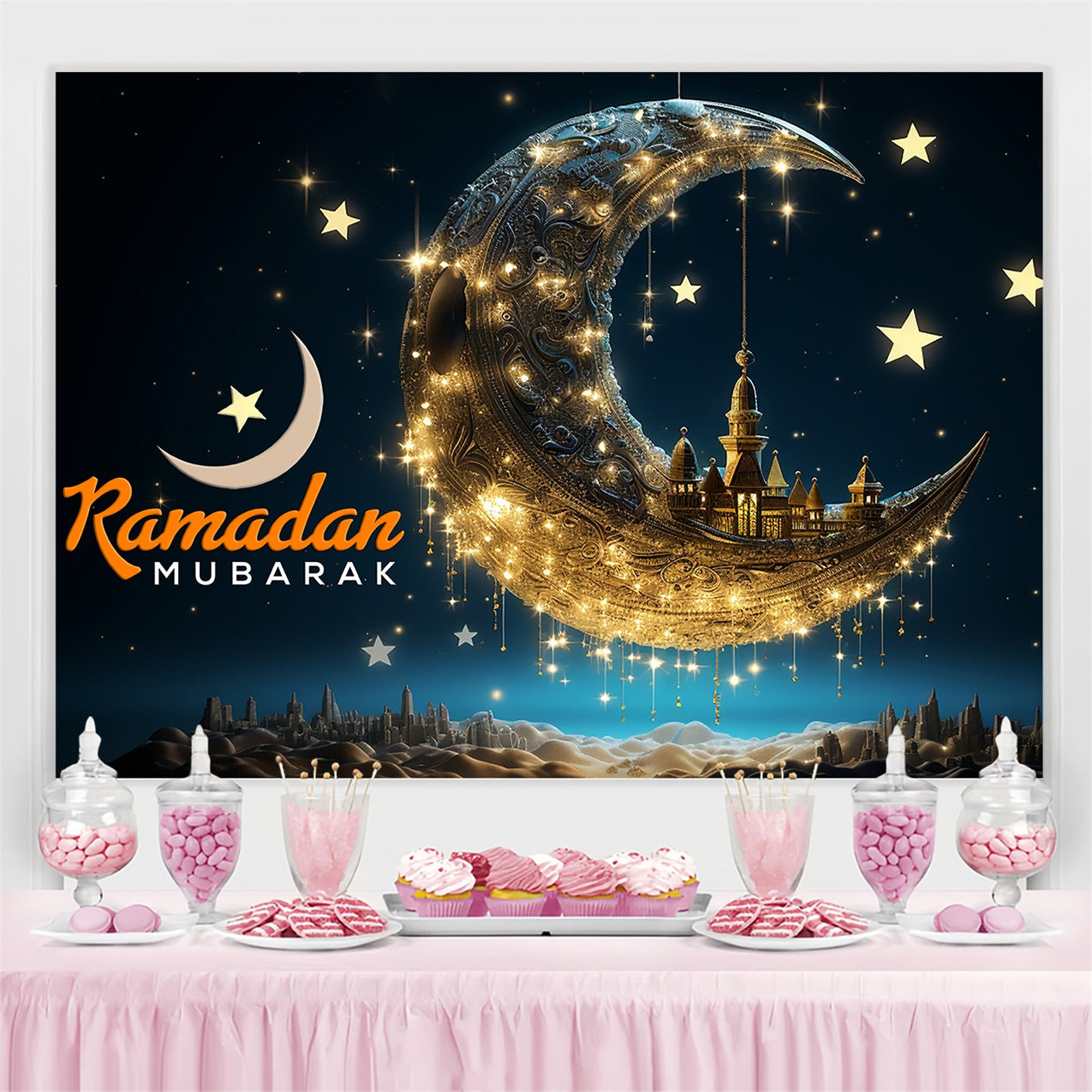 Ramadan Backdrops Golden Crescent Floating Mosque Backdrop GQ3-19