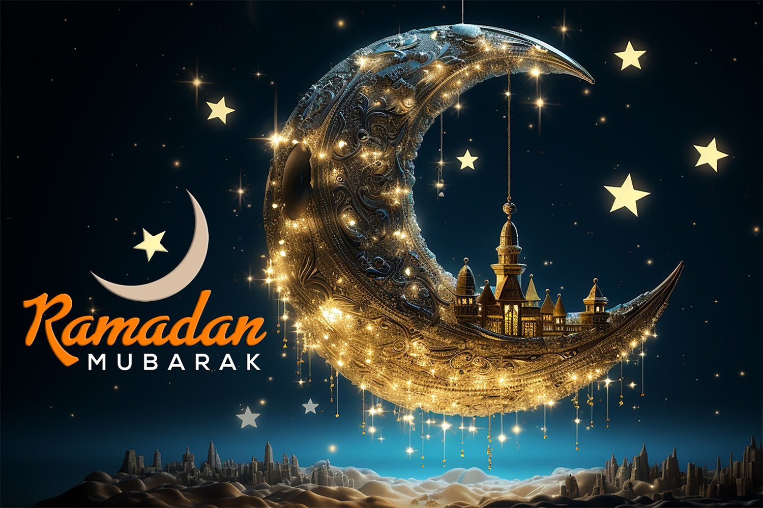 Ramadan Backdrops Golden Crescent Floating Mosque Backdrop GQ3-19