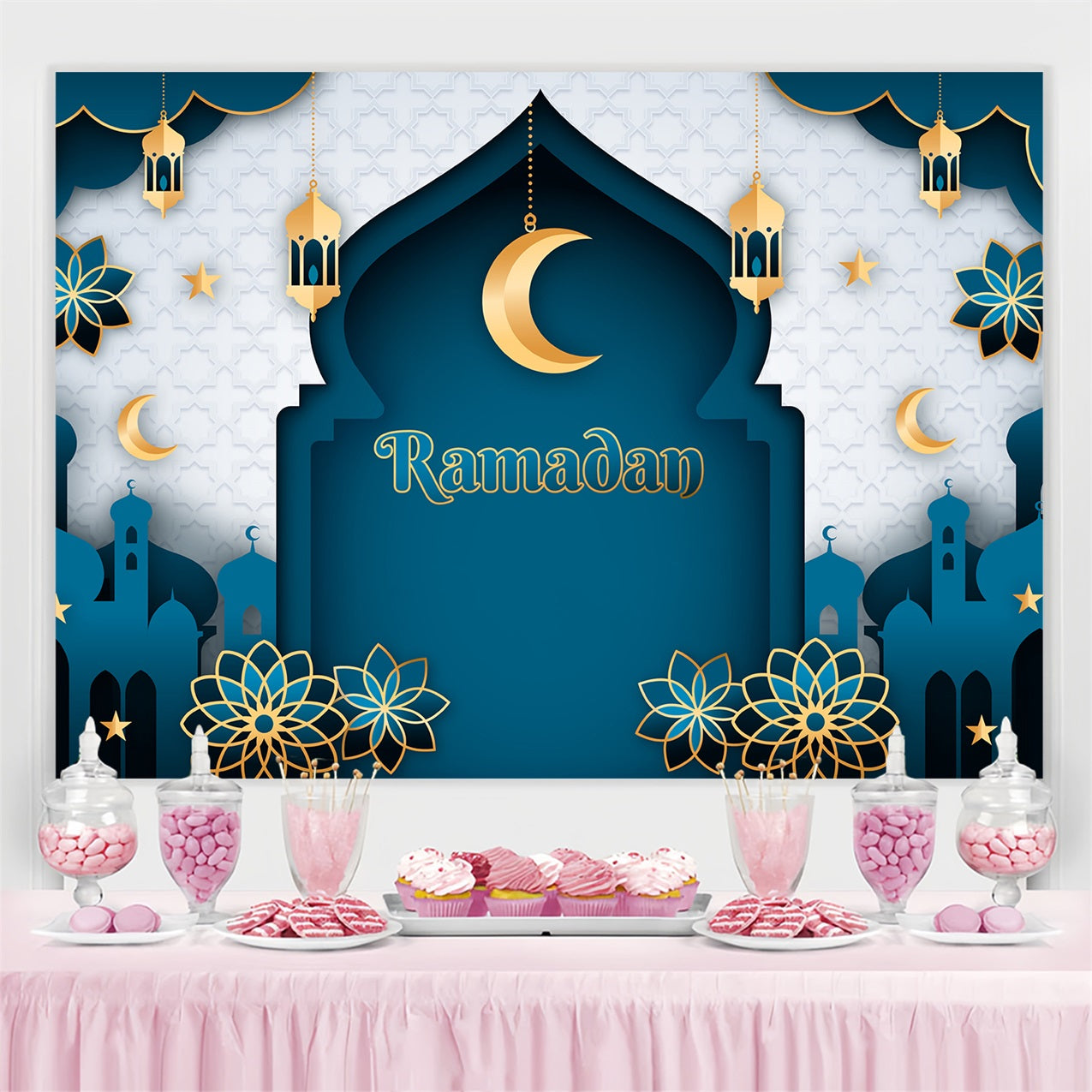 Ramadan Mubarak Backdrop Classic Blue Crescent Arch Backdrop GQ3-20