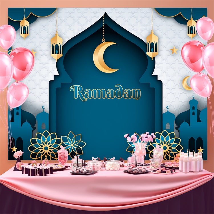Ramadan Mubarak Backdrop Classic Blue Crescent Arch Backdrop GQ3-20