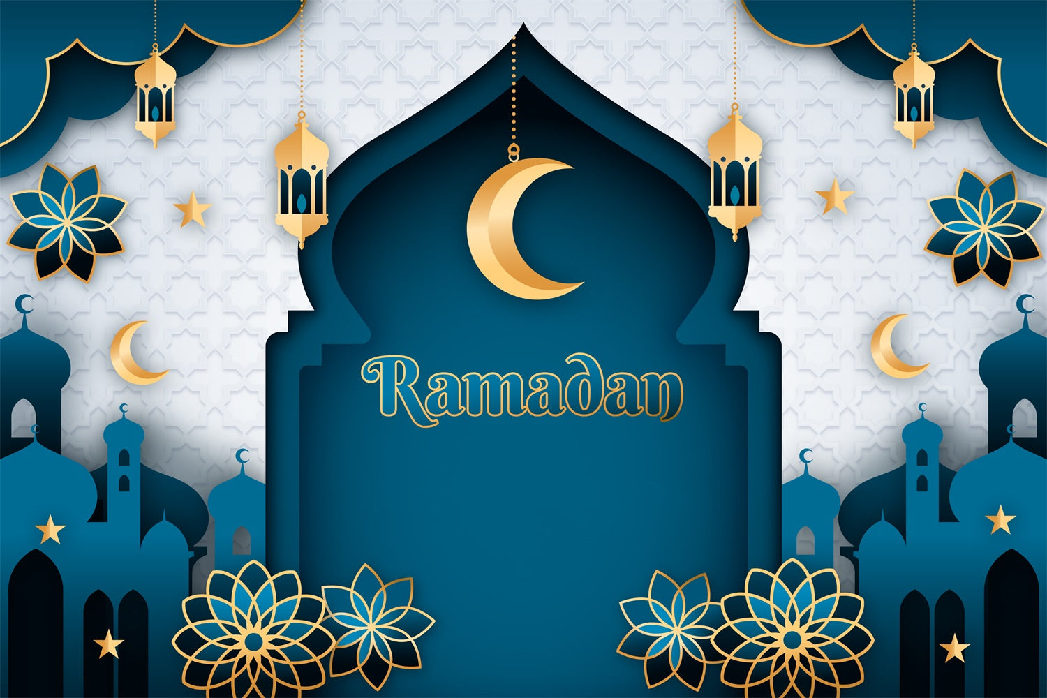 Ramadan Mubarak Backdrop Classic Blue Crescent Arch Backdrop GQ3-20