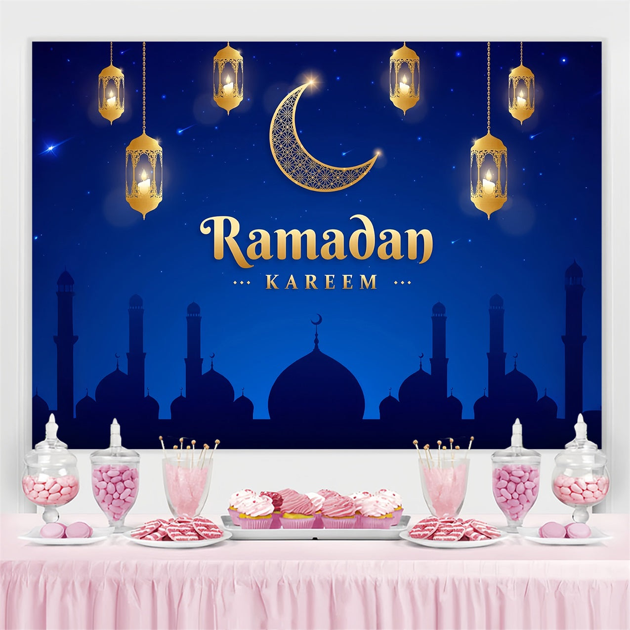 Ramadan Backdrops Gold Crescent Lantern Night Backdrop GQ3-21
