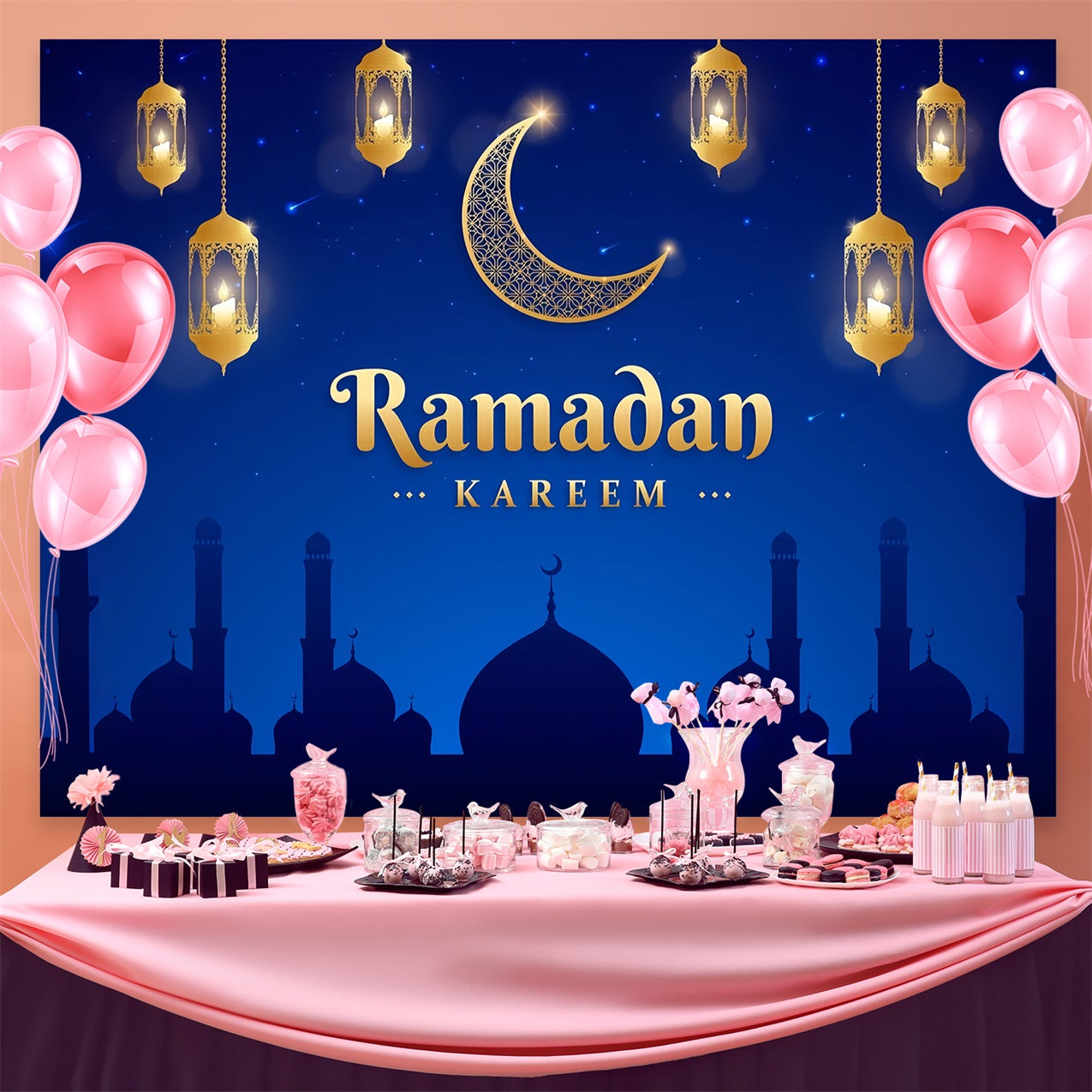 Ramadan Backdrops Gold Crescent Lantern Night Backdrop GQ3-21