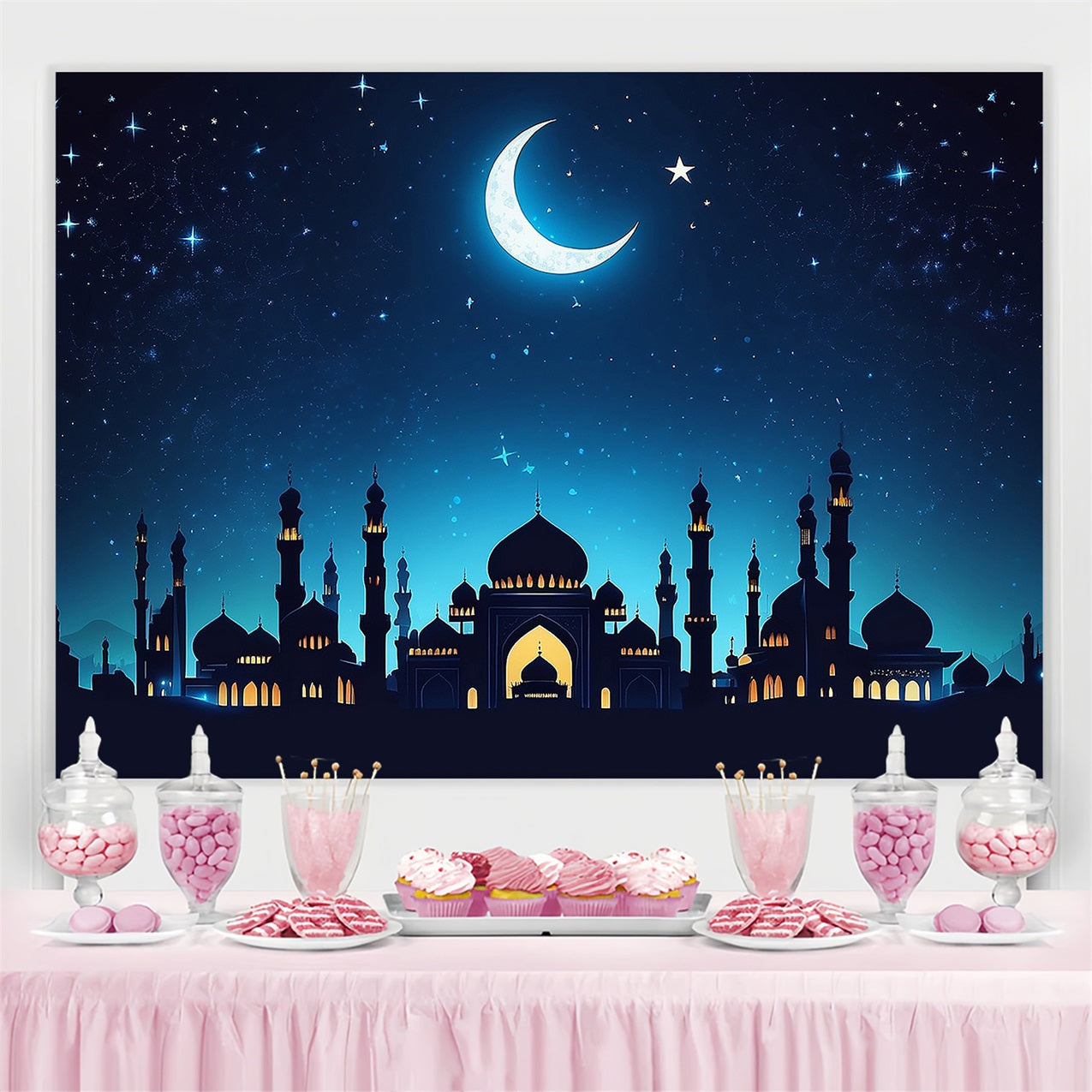 Ramadan Mubarak Backdrop Glowing Palace Crescent Backdrop GQ3-22