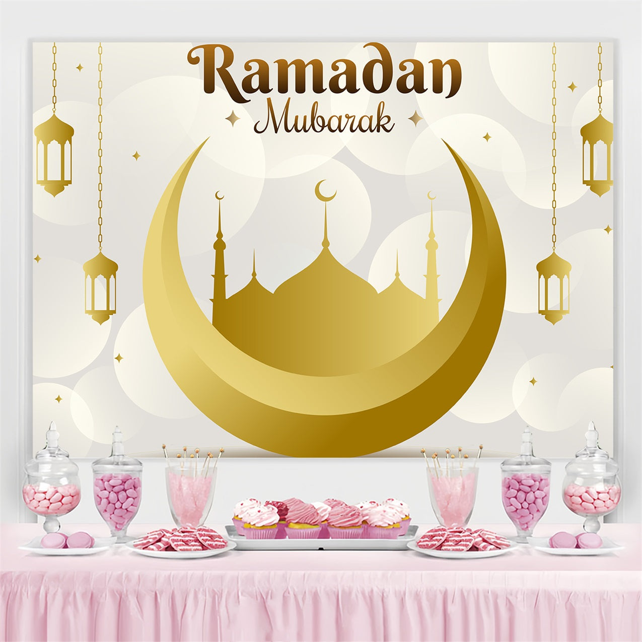 Ramadan Mubarak Backdrop Golden Crescent Hanging Lanterns Backdrop GQ3-24