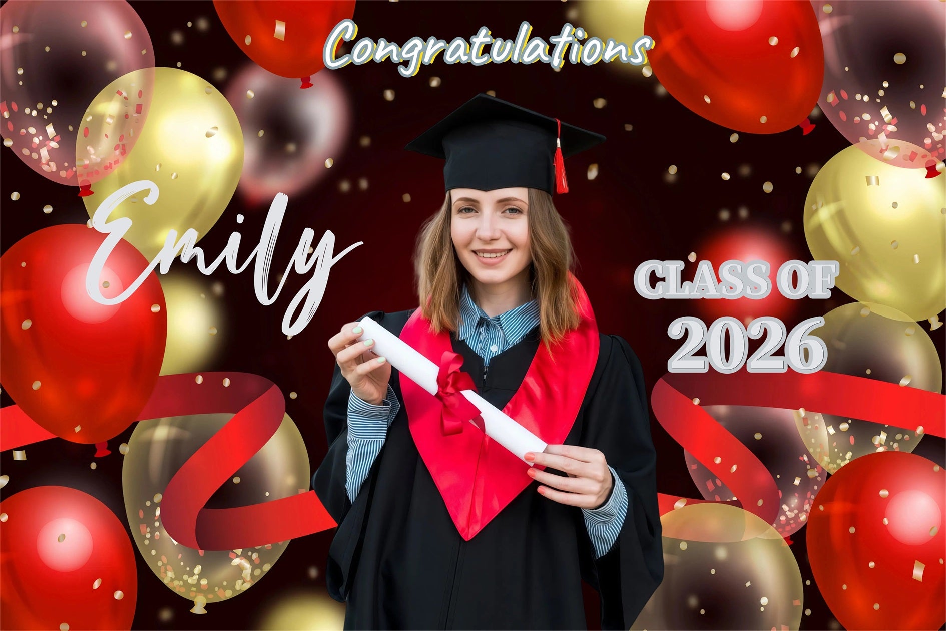 Personalized Graduation Backdrop Red Gold Balloons Graduation Party Backdrop GQ3-248