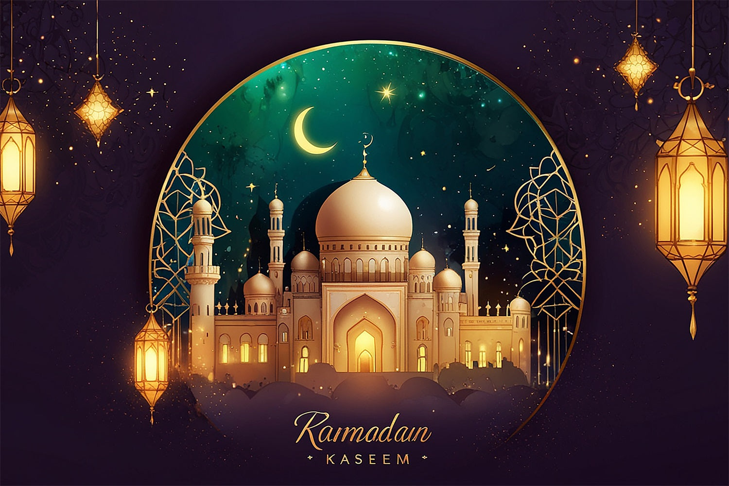 Ramadan Backdrops Crescent Golden Frame Mosque Backdrop GQ3-28